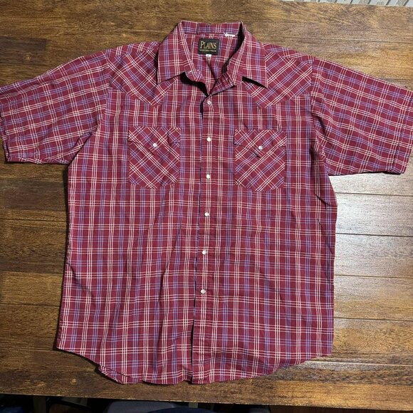 Plains Western Wear Red Mens Pearl Snap Button Down Short Sleeve Shirt Size L - Picture 1 of 10